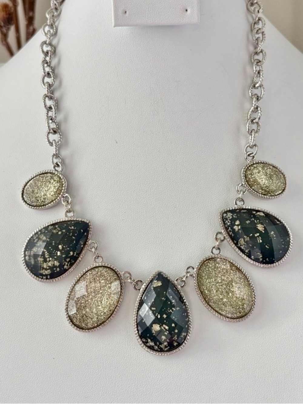 Carol D Studio silvertone,teardrop blue/gold,oval gold glitter stones,earrings